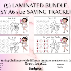 Laminated Betty Boop Pink Bundle Savings Challenge | Cash Trackers | Savings Tracker A6 Inserts