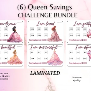 Puede incluir: Seis tarjetas de desafío de ahorro de temática de princesa rosa y blanca con una frase motivadora y cantidades en euros para realizar un seguimiento de los ahorros. Las tarjetas están laminadas y presentan una ilustración de princesa. El texto en las tarjetas dice "Soy Valiente", "Soy Amado", "Soy Agradecido", "Soy Hermosa", "Soy Exitoso" y "Soy Fuerte".