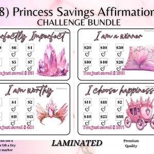 Puede incluir: Un paquete de desafíos de afirmación de ahorro de princesa laminado con cuatro diseños: "Perfectamente imperfecto", "Soy un ganador", "Soy digno" y "Elijo la felicidad". Cada diseño incluye desafíos de ahorro con iconos de corazón.
