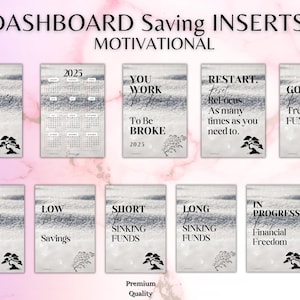 Könnte beinhalten: Ein Satz druckbarer, motivierender Dashboard-Einlagen zum Sparen. Die Einlagen haben einen grau-weißen Hintergrund mit einem stilisierten Baumdesign. Der Text enthält Sätze wie "In My Money Saving Era", "You Work Too Hard To Be Broke", "Restart. Refocus" und "Good Treats Funds".