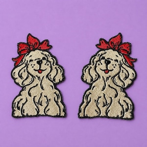 Patches American Cocker Spaniel Patch Set | Cartoon Dog with Red Bow, Iron-On/Sew-On