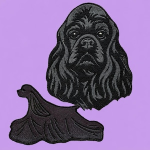 May include: Two black embroidered patches of a Cocker Spaniel dog on a lilac background. One patch is the dog's head, and the other is the dog's body. The patches are detailed with textured stitching, showcasing the dog's fur and features.