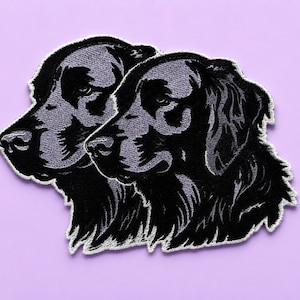 Parche bordado de Flat Coated Retriever para perros • Diseño de doble cabeza, grande, termoadhesivo