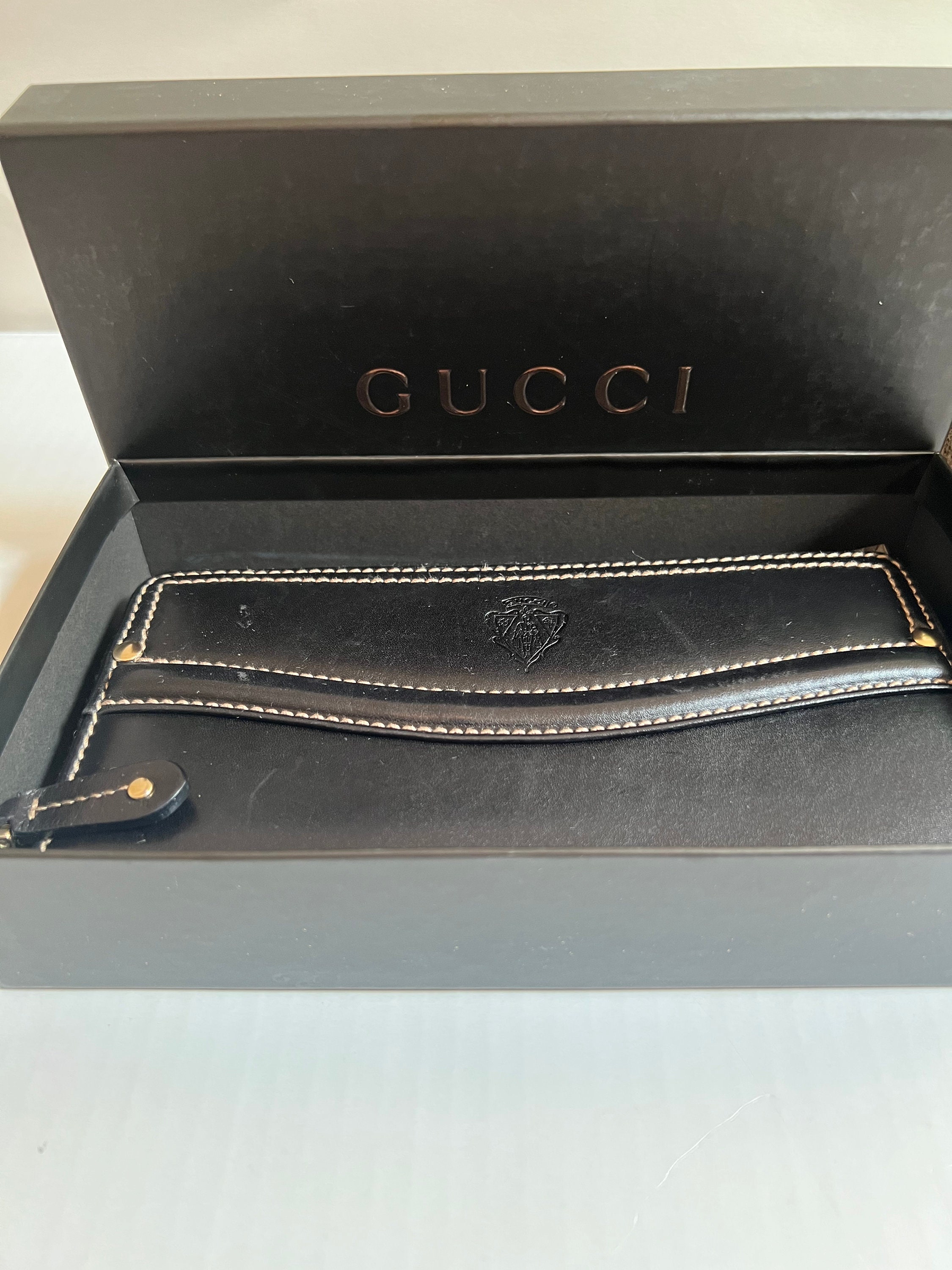 Authentic GUCCI Money Bill Clip Gold Bee Black Leather Made In Italy with  Box