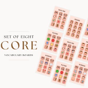Puede incluir: Conjunto de ocho tableros de vocabulario básico. Cada tablero presenta ilustraciones y texto para diversas actividades y sentimientos. Los tableros incluyen "Snack Time", "Feelings", "Playtime" y "Bathroom".