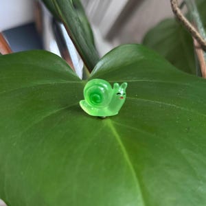 May include: A small, translucent green snail figurine with a spiral shell and smiling face rests on a large, green leaf. The snail has small antennae and a red mouth. The leaf has a smooth texture and is a vibrant green color.