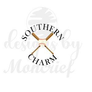 May include: A white background with a black circle containing the text "SOUTHERN designs by CHARM" with two crossed baseball bats and a baseball in the centre.