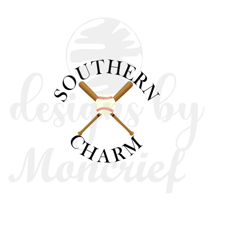 May include: A white background with a black circle containing the text "SOUTHERN designs by CHARM" with two crossed baseball bats and a baseball in the centre.