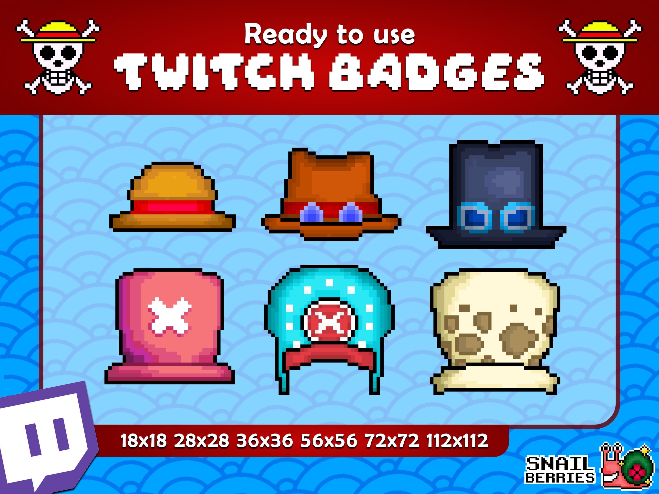 One Piece Inspired Pixel Art Twitch Hat Badges Pack PNG Instant