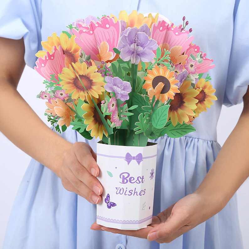 3D Hand Holding Bouquet Pop up Greeting Card, Thank You Card, Birthday