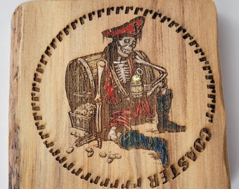 Handcrafted Pirate Hand Painted Cedar Wood Coaster Engraved Unique Mancave Skeleton Pirate with Loot Friends Gift Home Display Drink Coaster