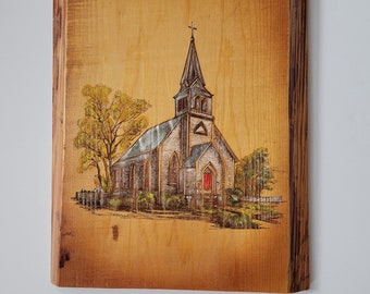 Handcrafted Hand Painted Engraved White Church Cedar Wood Live Edge Wall Decor with Intricate Details Christian Gift Colorful Paint Colors.