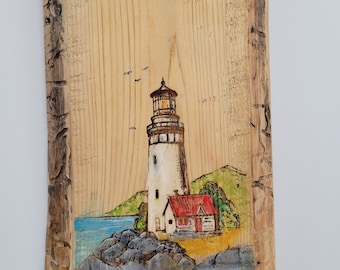 Handcrafted Hand Painted Engraved Lighthouse on Cedar Wood Live Edge A Wall Art Decor Intricate Details Coastal Scene Colorful Paint Colors.