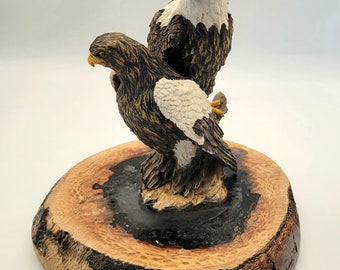 Bald Eagle Oak Wood Burle Handcrafted Live Edge Wooden Perch Tabletop Unique Bird Lovers Country Cabin Unique Home Decor Two Nesting Eagles.