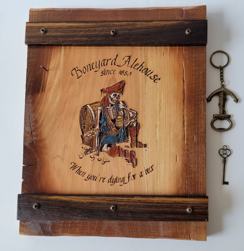 Wall Hanging Keyholder with Anchor keychain Bottle Opener and Key, Home, Bar, Mancave, Lodge Decor, Engraved Hand Painted Pirate Wall Decor. image 8