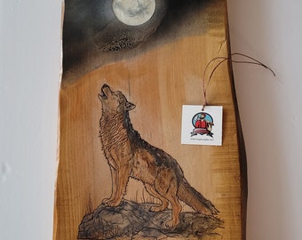 Cedar Wood Wall Decor with Wolf and Moonlight Scene, Wolf howling at the Moon, Handcrafted and Hand Painted Highlights, Teen room Decor.