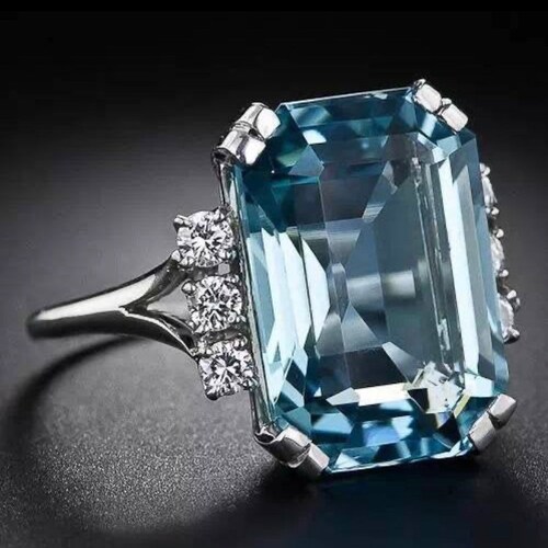 Blue Aquamarine shops Engagement & Wedding Ring 925 Sterling Silver Art Deco Aquamarine Engagement Rings