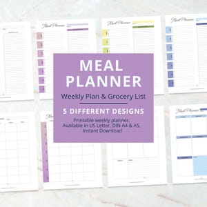 Weekly Meal Planner Template, Menu Planning Organizer, Family Meal Plan, Grocery List, Printable