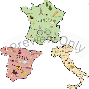 Puede incluir: Ilustración colorida de Francia, España e Italia, cada uno representado como un mapa. Francia es verde, España es rosa e Italia es beige. Cada mapa presenta monumentos emblemáticos y nombres de ciudades.