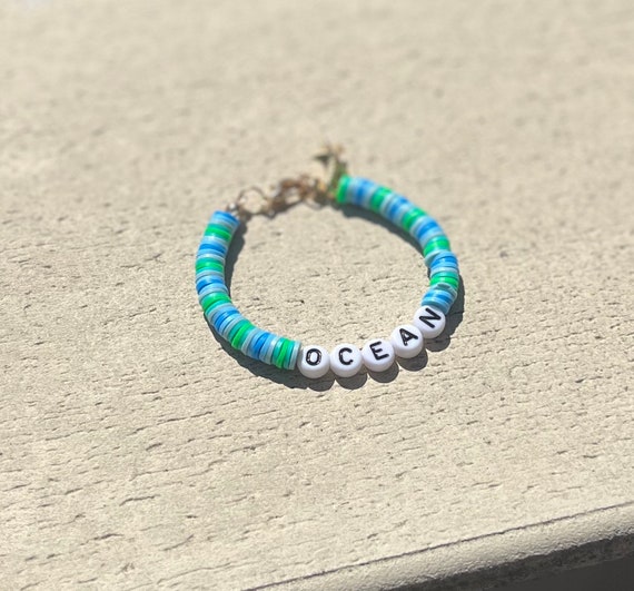 Ocean Blue And Green Stretchy Clay Bead Bracelet