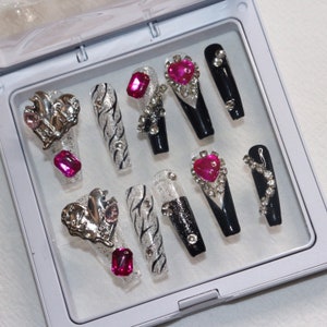 black press on nails big silver heart bejeweled luxury nails zebra print nails Halloween party nails goth emo punk gothic nails.