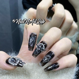 Skull &Cross bone press on nails punk goth nails emo dark black nails y2k silver nails