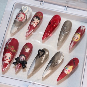 Doll and bow press on nails black & red gothic nails Halloween party luxury nails emo nails cute y2k nails long coffin nails
