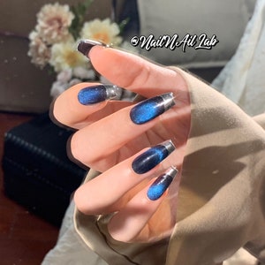 Blue cat eye nails silver French tip nails dark black goth nails Halloween party nails luxury nails emo nails punk nails