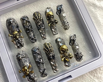 Skull & Crossbones press on nails Goth Punk nails Dark black nails Luxury Halloween nails nails party nails fake long coffin nails