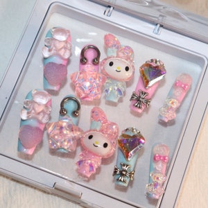 Y2K süßes Häschen drücken auf Nägeln Melody Party Nägel | Rosa Nägel Bejeweled Nägel Chromnägel