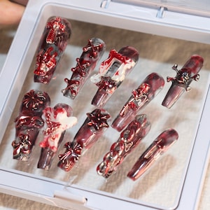 Red gore press on nails luxury Halloween party nails long coffin nails chrome nails punk glue on nails emo gothic nails