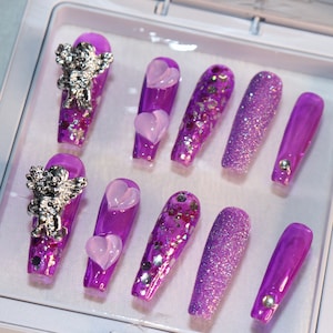 Purple cute Y2K nails angel bejeweled nails gothic Chrome press on nails hand painted fake long coffin nails