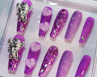 Púrpura lindo Y2K uñas ángel enjoyado uñas góticas Chrome prensa en las uñas pintadas a mano falsas uñas largas de ataúd