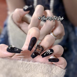 Black goth punk press on nails Square bejeweled nails sliver hear nails emo Halloween party nails skull nails long coffin nails