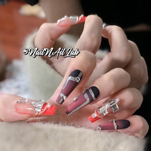 Black-pink gradient press on nails AI future sense Y2K metallic punk nails gothic party gorgeous Halloween nails
