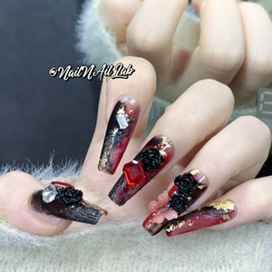 Black-red-gold gradient press on nails rose butterfly  bejeweled nails emo nails gothic goth nails dark black nails Halloween party nail