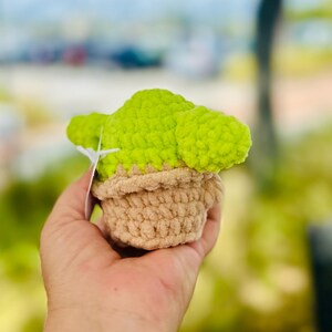 May include: A crocheted plush toy shaped like a character from the Star Wars franchise. The toy is green and brown and has a pot-like base.