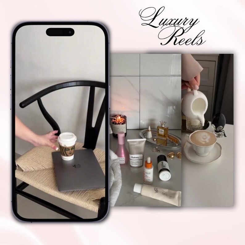 Peut inclure: Mise en sc&egrave;ne avec un ordinateur portable, une tasse de caf&eacute; et des produits de beaut&eacute;. L'image comprend une chaise noire avec une assise en osier, une bougie allum&eacute;e, du parfum, des produits de soin et une tasse de caf&eacute;. Le texte "Luxury Reels" est en haut.
