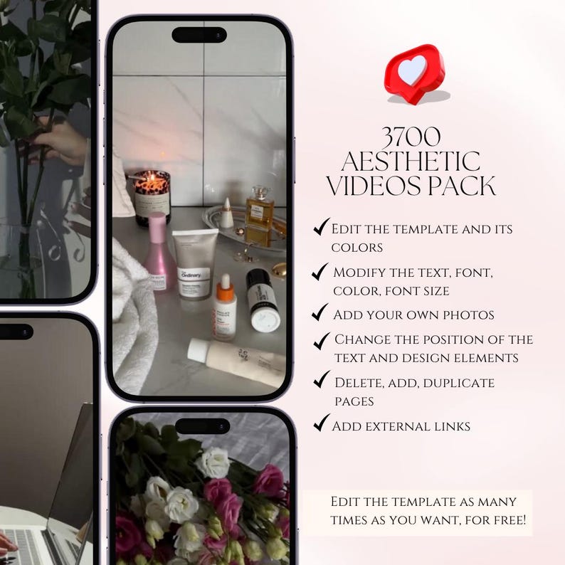 Peut inclure: Publicit&eacute; pour un pack de vid&eacute;os esth&eacute;tiques, avec une ic&ocirc;ne de c&oelig;ur rouge et le texte "3700 Aesthetic Videos Pack". L'image pr&eacute;sente un &eacute;cran de t&eacute;l&eacute;phone avec des produits de beaut&eacute; et des fleurs. Le texte d&eacute;taille les options d'&eacute;dition et l'utilisation gratuite.