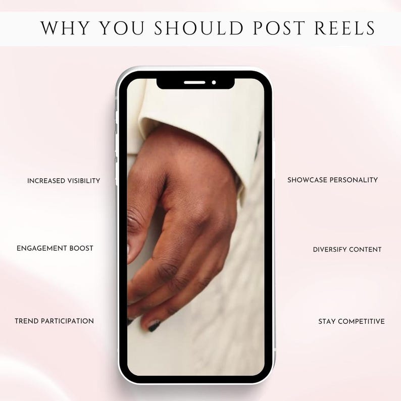 Peut inclure: Un smartphone affiche une main dans un costume cr&egrave;me. Le texte &agrave; l'&eacute;cran indique "POURQUOI VOUS DEVRIEZ PUBLIER DES REELS" avec des puces : Visibilit&eacute; accrue, Boost de l'engagement, Participation aux tendances, Mettre en valeur la personnalit&eacute;, Diversifier le contenu et Rester comp&eacute;titif.