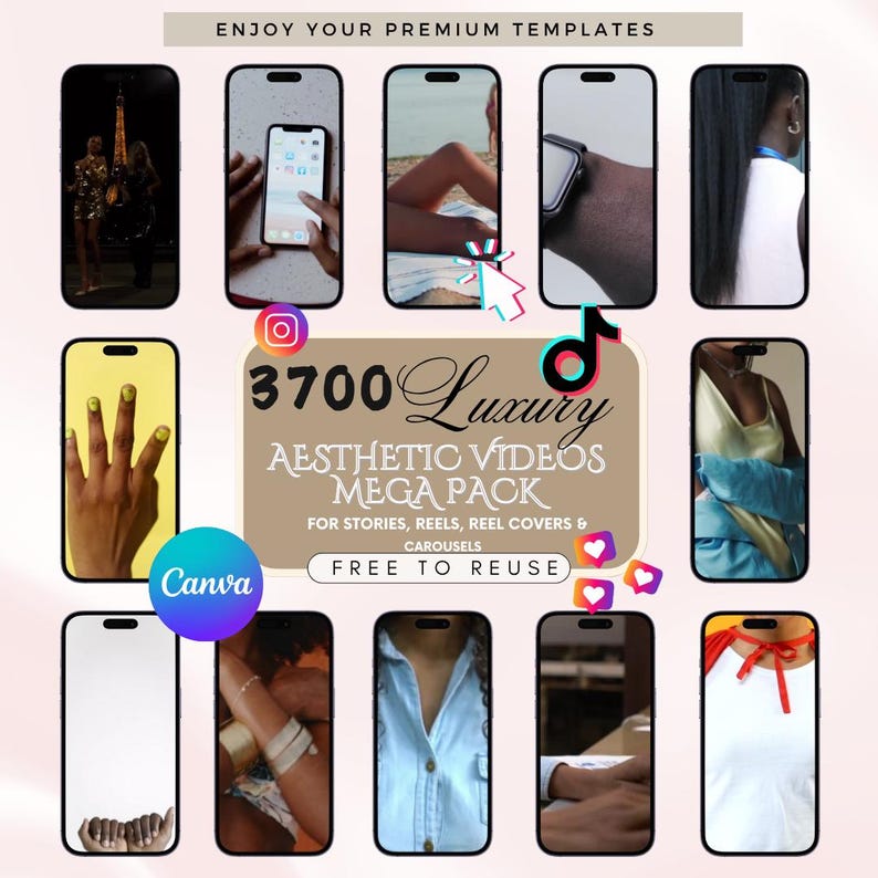 Peut inclure: Une image promotionnelle avec des maquettes de smartphones pr&eacute;sentant des mod&egrave;les de vid&eacute;os esth&eacute;tiques. Le texte central indique "3700 Luxury Aesthetic Videos Mega Pack" pour les stories, les reels et les couvertures. Le logo Canva est &eacute;galement visible.
