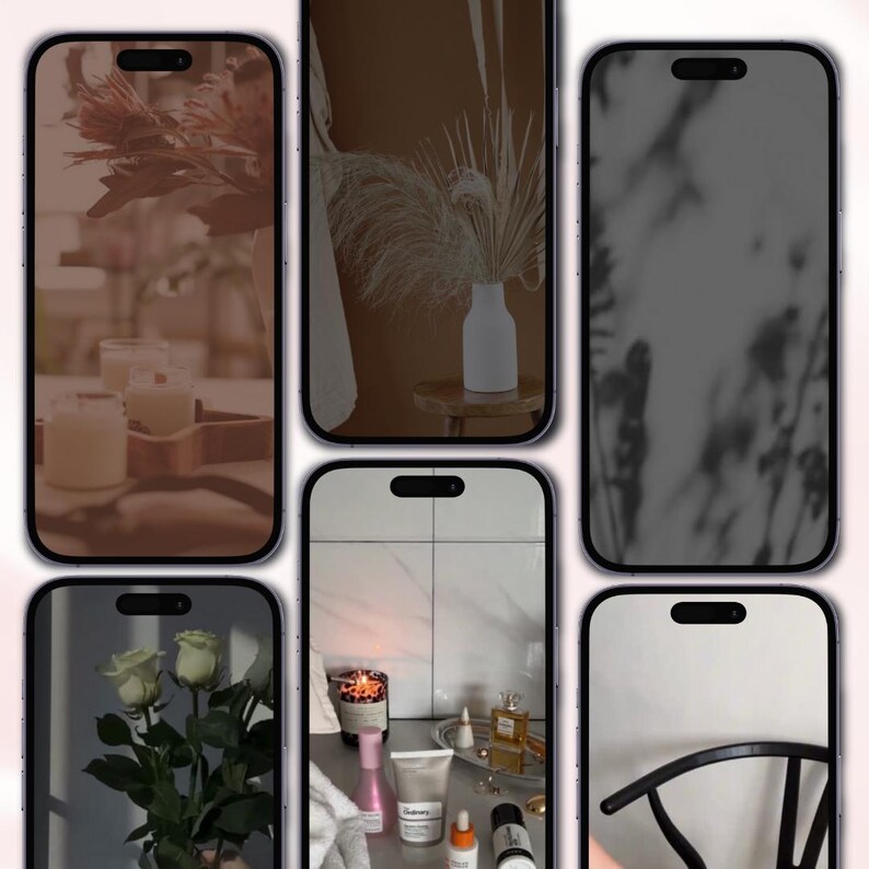 Peut inclure: Un collage de six &eacute;crans de smartphone affichant diverses sc&egrave;nes esth&eacute;tiques. Les images incluent des bougies, des fleurs, un vase avec des plantes s&eacute;ch&eacute;es et des produits de beaut&eacute;. Le th&egrave;me g&eacute;n&eacute;ral sugg&egrave;re la d&eacute;coration int&eacute;rieure et le style de vie.
