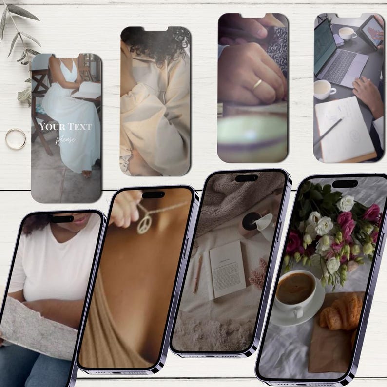 Peut inclure: Plusieurs coques de t&eacute;l&eacute;phone avec des images de style de vie. L'une pr&eacute;sente une mari&eacute;e en robe blanche avec le texte "Your Text Please". D'autres coques montrent une personne, une bague, un collier, un livre et un caf&eacute; avec un croissant.