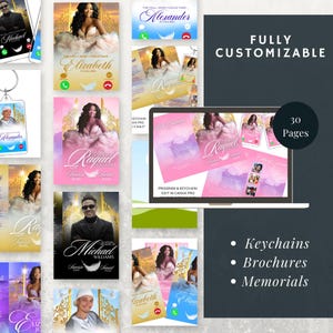 Op de afbeelding: Een digitaal ontwerpmodel voor een herdenkingsprogramma en een sleutelhanger. Het model heeft een roze en witte kleurstelling met een foto van een vrouw in een witte jurk. De tekst "PROGRAM & KEYCHAIN EDIT IN CANVA PRO" is zichtbaar op het model. Het model wordt weergegeven op een laptopscherm. De afbeelding toont ook andere ontwerpmodellen voor sleutelhangers, brochures en gedenkbladen. De tekst "FULLY CUSTOMIZABLE" en "30 Pages" is zichtbaar in de afbeelding.