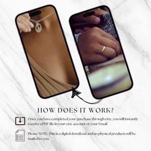 Peut inclure: Deux smartphones affichant des images de bijoux et une main avec une bague. Le texte "HOW DOES IT WORK?" est en bas, avec des instructions sur les t&eacute;l&eacute;chargements num&eacute;riques.