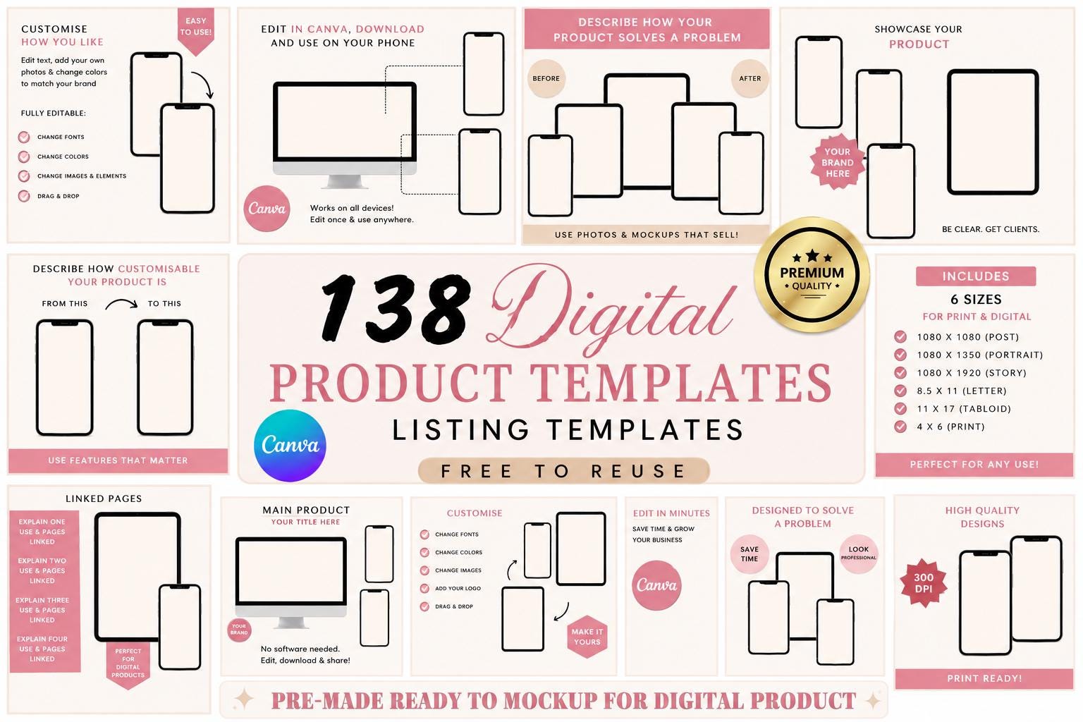 Digital Product Mockup Bundle – 138 Canva Templates, Etsy Listing ...