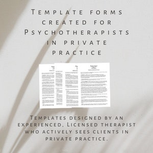 以下が含まれることがあります： 白い背景に黒い文字で「TEMPLATE FORMS CREATED FOR PSYCHOTHERAPISTS IN PRIVATE PRACTICE」と書かれています。テキストの下には、白黒のページが3枚あり、テキストが書かれています。画像の下部にあるテキストは「TEMPLATES DESIGNED BY AN EXPERIENCED, LICENSED THERAPIST WHO ACTIVELY SEES CLIENTS IN PRIVATE PRACTICE.」です。
