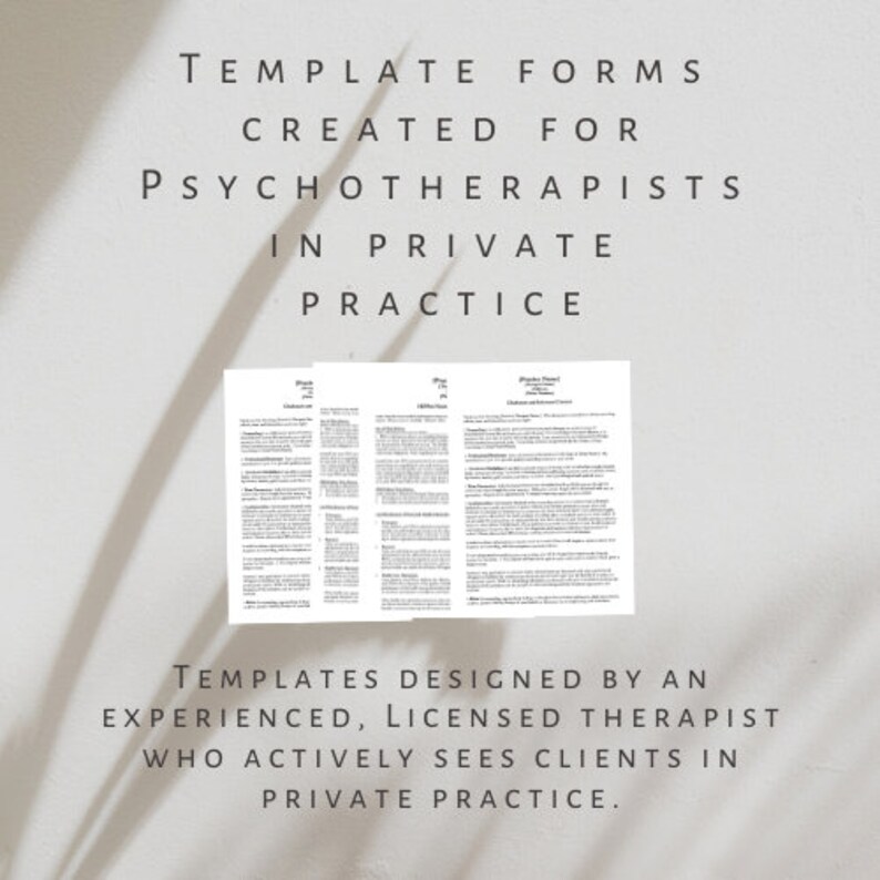 以下が含まれることがあります： 白い背景に黒い文字で「TEMPLATE FORMS CREATED FOR PSYCHOTHERAPISTS IN PRIVATE PRACTICE」と書かれています。テキストの下には、白黒のページが3枚あり、テキストが書かれています。画像の下部にあるテキストは「TEMPLATES DESIGNED BY AN EXPERIENCED, LICENSED THERAPIST WHO ACTIVELY SEES CLIENTS IN PRIVATE PRACTICE.」です。