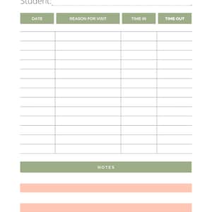 May include: A printable session log template with headings for date, reason for visit, time in, time out, and notes. The template has a green and pink color scheme.
