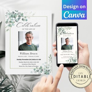 Modèle de carte d'invitation pour les funérailles avec verdure et feuilles sur Canva Modèle pour funérailles commémoratives Célébration de vie pour hommes modifiable - D002